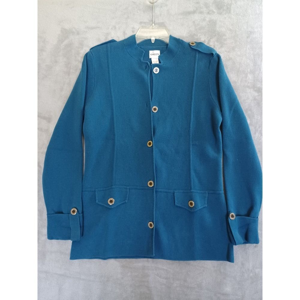 Chicos Sz 2 Lg Cardigan Jacket Knit Military Button Cotton Blue Stretch Office